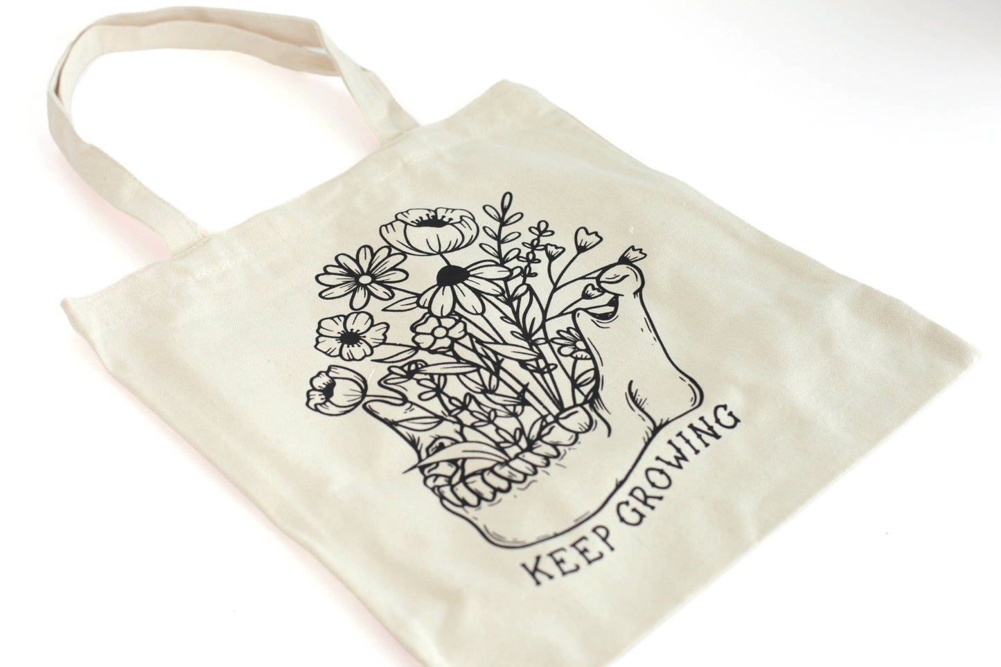 Keep Growing Canvas tote bag, Skulls Flowers natural canvas