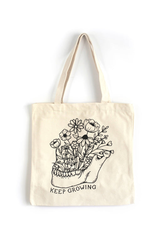 Keep Growing Canvas tote bag, Skulls Flowers natural canvas