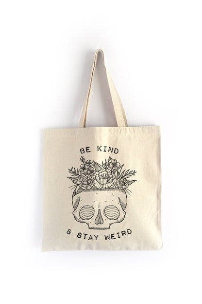 Be Kind & Stay Weird Tote Bag, Skull and Flowers