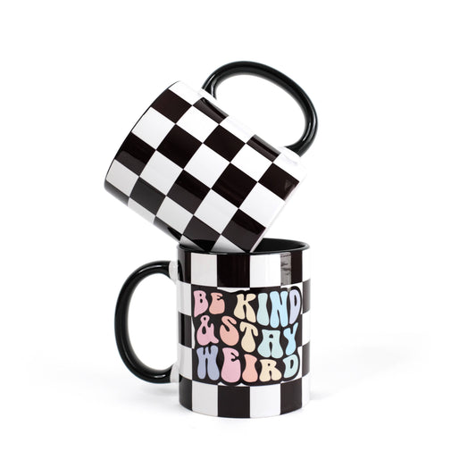 Be Kind & Stay Weird Rainbow Checkered Ceramic Mug