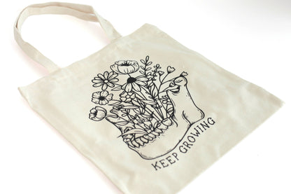 Keep Growing Canvas tote bag, Skulls Flowers natural canvas