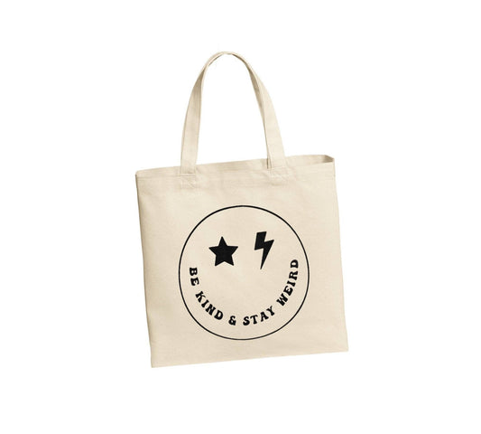 Be Kind & Stay Weird Smiley Face Tote Bag - heavy canvas